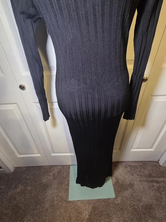 Abercrombie & Fitch Ribbed Knit Dress Women Large Black Bodycon Midi Long Sleeve - Picture 8 of 9